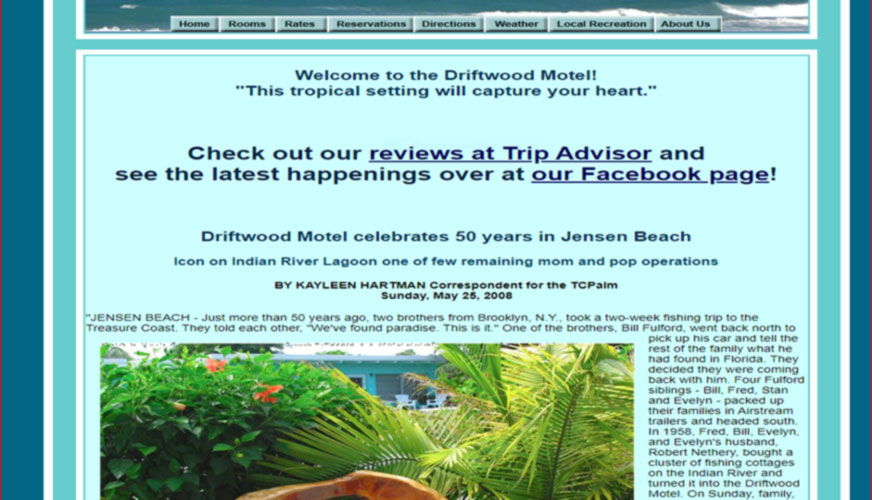 Old fashioned website of The Drfitwood Motel website done in 2010