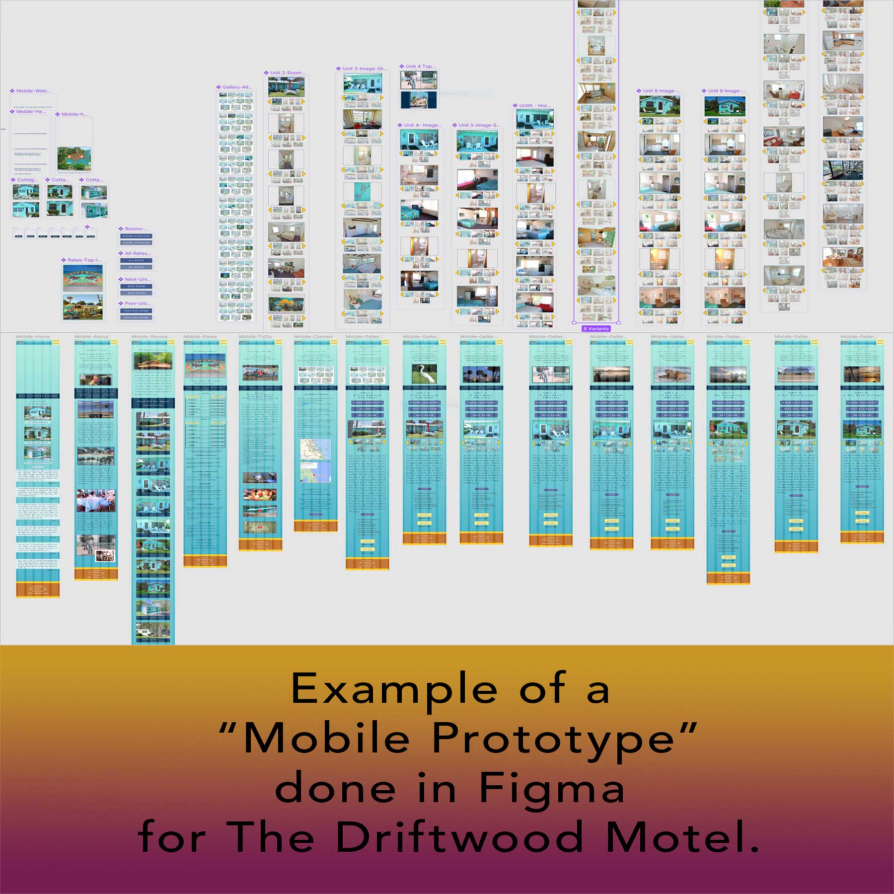 Figma prototype for a Mobile version of The Driftwood Motel website done by Raquelia Leone and not wanted by the Driftwood because it wasnt free